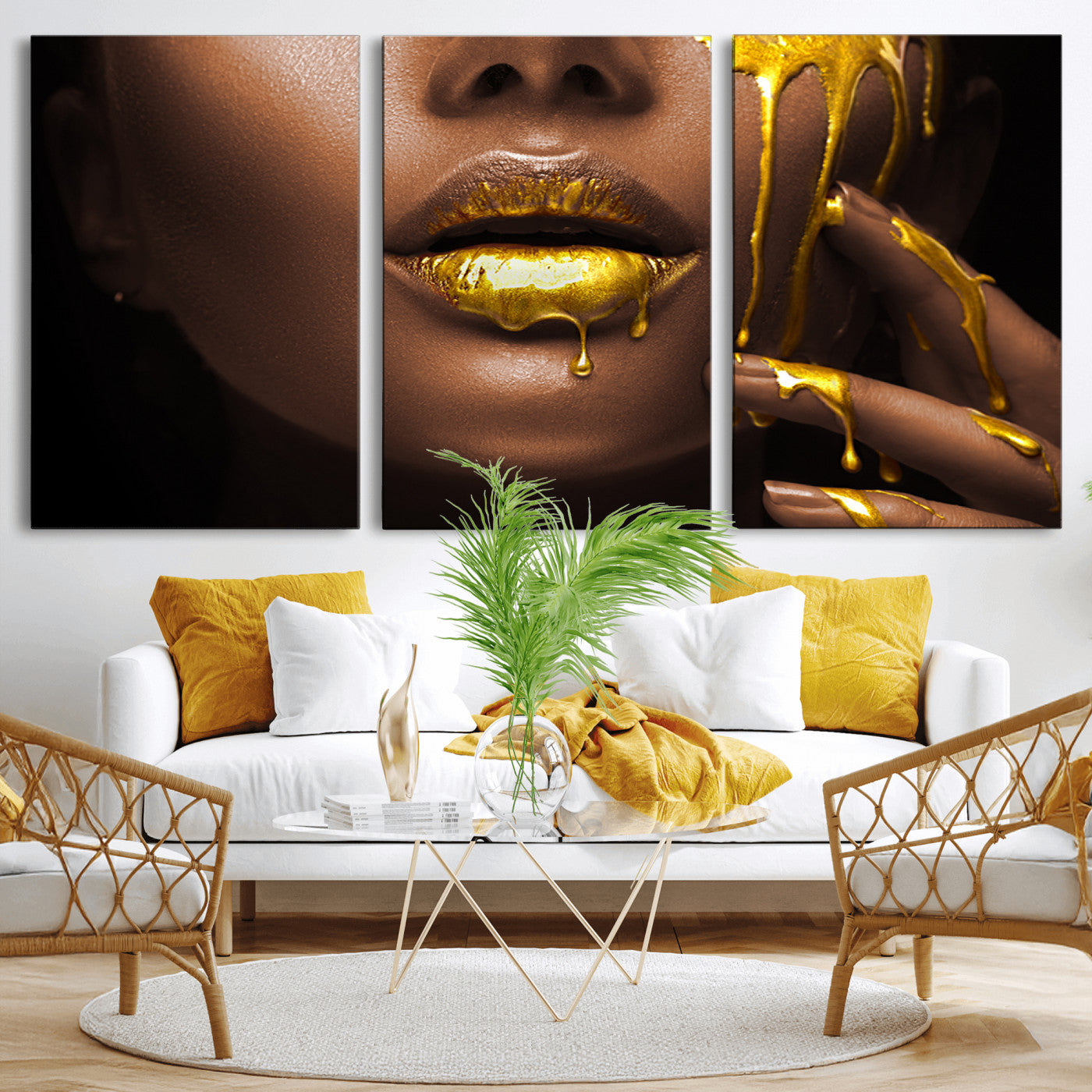 MGV-CV-60X30-3P - African American Art Black Woman Canvas Print, African Wall Art, Fashion African Woman Gold Lips