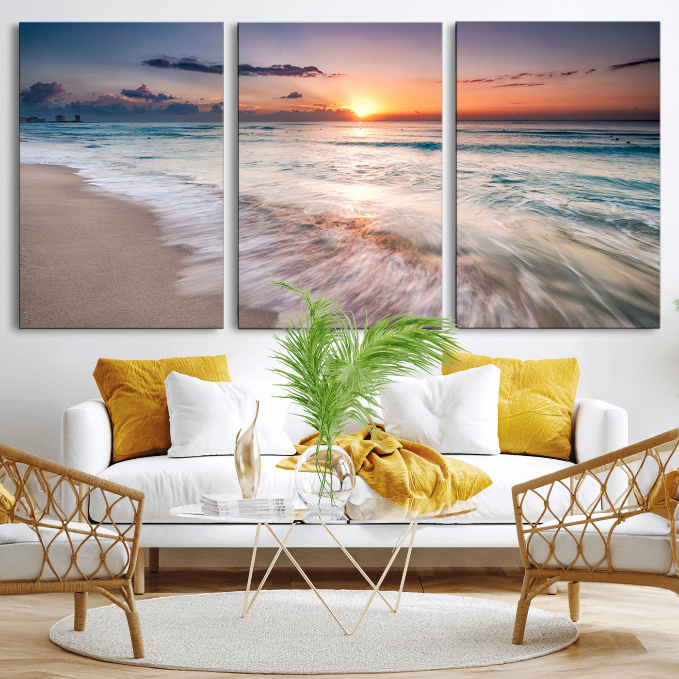 MGV-CV-60X30-3P - Sunset Beach Wall Art – Soothing Coastal Landscape, Ready to Hang for Tranquil Home Decor