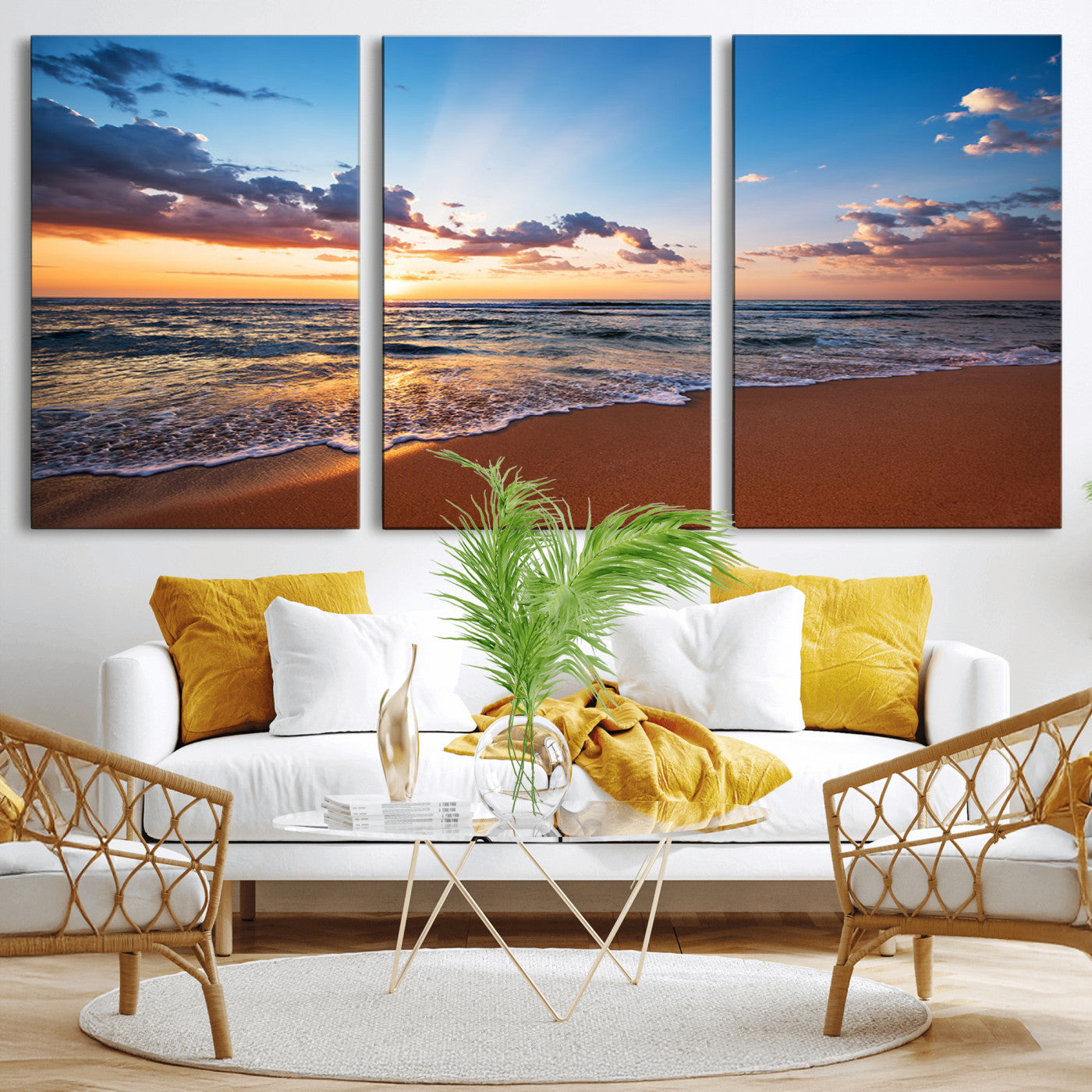 MGV-CV-60X30-3P - Golden Hour Beach Sunset Wall Art | Canvas Print | Ready to Hang | Coastal Wall Art for Living Room