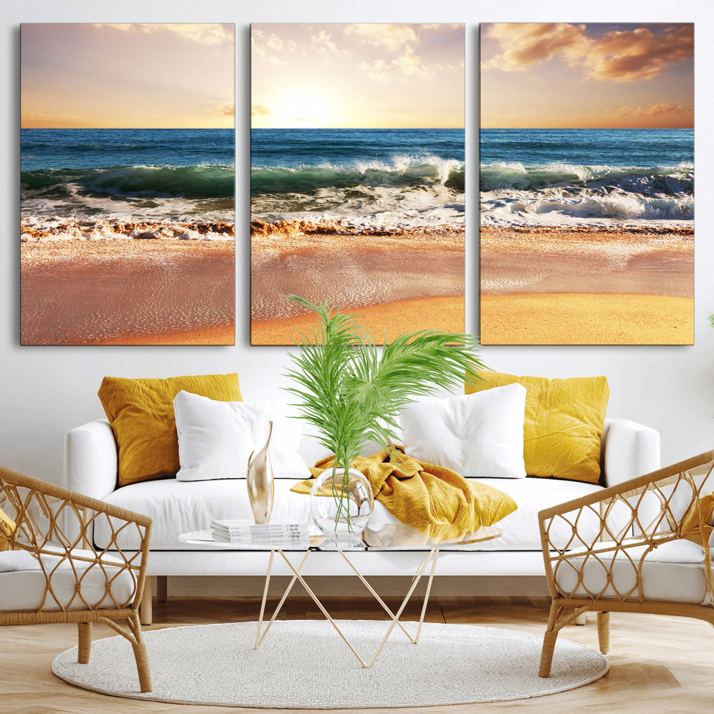 MGV-CV-60X30-3P - Sunset Beach Wall Art - 3-Panel Framed Canvas Print, Ready to Hang Ocean Sunset for Coastal and