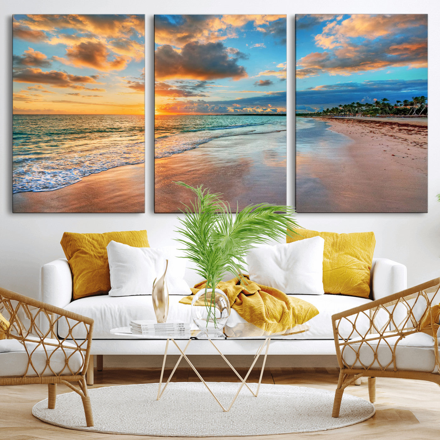 MGV-CV-60X30-3P - Serene Beach Sunset Wall Art | Coastal Ocean Canvas Print | Ready to Hang Tropical Decor for Home or
