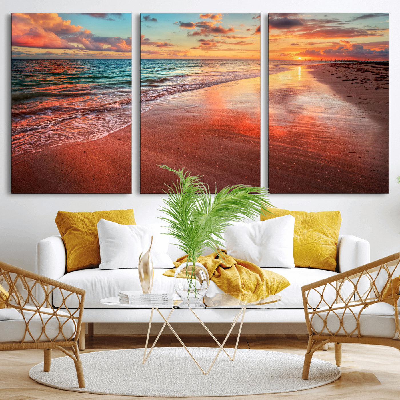 MGV-CV-60X30-3P - Sunset Beach Wall Art | Ocean Canvas Print | Coastal Wall Art | Tranquil Sunset Canvas Print