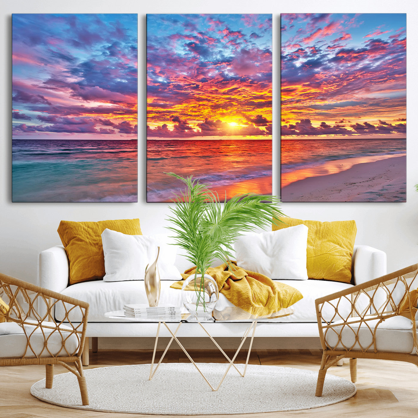 MGV-CV-60X30-3P - Vibrant Sunset Beach Wall Art - Ocean Sunset Canvas Print | Coastal Wall Art Decor Stunning Sunset