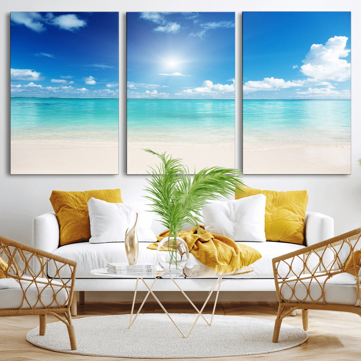 MGV-CV-60X30-3P - Blue Ocean Wall Art Canvas Print - Tranquil Ocean Paradise Triptych Wall Art - Ready to Hang Beach