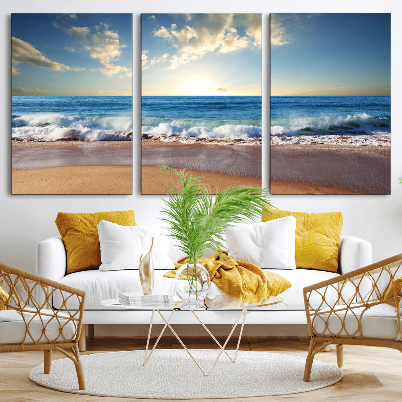 MGV-CV-60X30-3P - Serene Ocean Sunset Canvas Wall Art - Beach Waves at Sunset, Ready to Hang