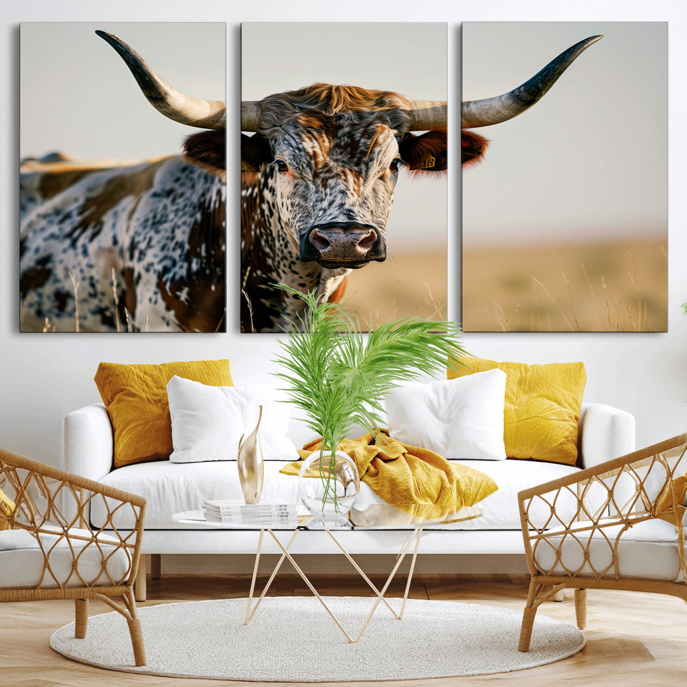 MGV-CV-60X30-3P - Texas Bull Longhorn Wall Art Canvas Print for Farm House Wall Decor, Farmhouse Wall Art Print
