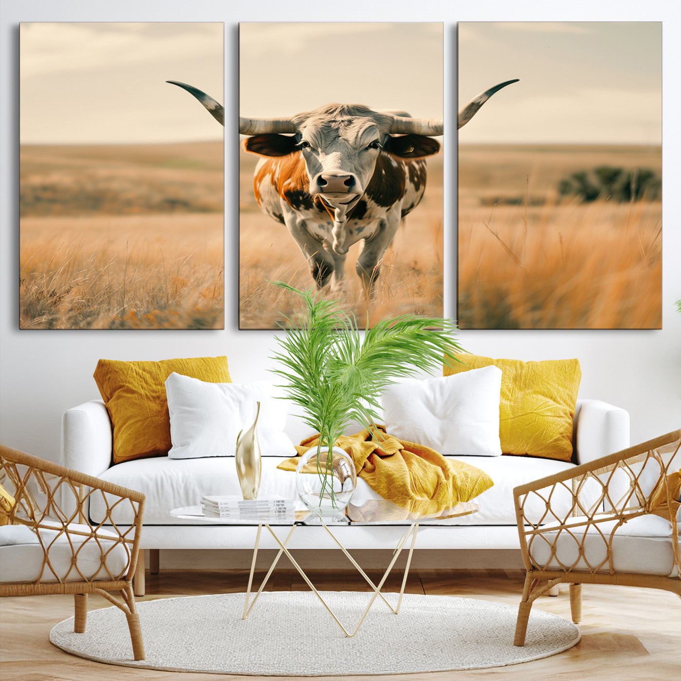16580-MGV-CV-36X24-Texas Cow Longhorn Wall Art Canvas Print for Farm House Wall Decor, Farmhouse Cow Print Canvas Wall Art Print