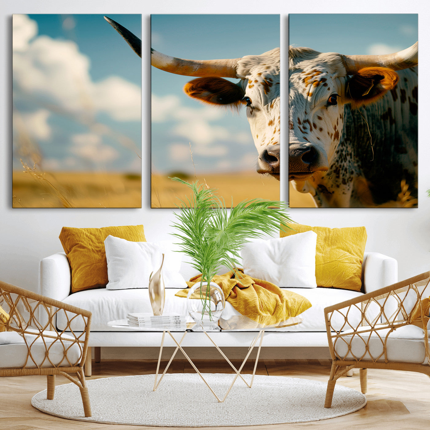 MGV-CV-60X30-3P - Longhorn in the Prairie - Stunning Ranch-Style Triptych Wall Art for Western Home Decor, Cowboy Wall