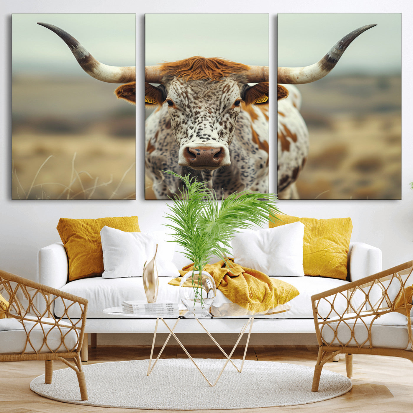 MGV-CV-60X30-3P - Texas Cow Longhorn Wall Art Canvas Print for Farm House Wall Decor, Farmhouse Wall Art Print