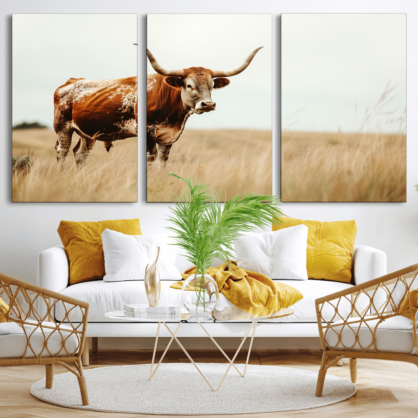 MGV-CV-60X30-3P - Texas Longhorn Canvas Wall Art Print – Majestic Western Cattle in Rustic Farmhouse Decor – Cow Wall