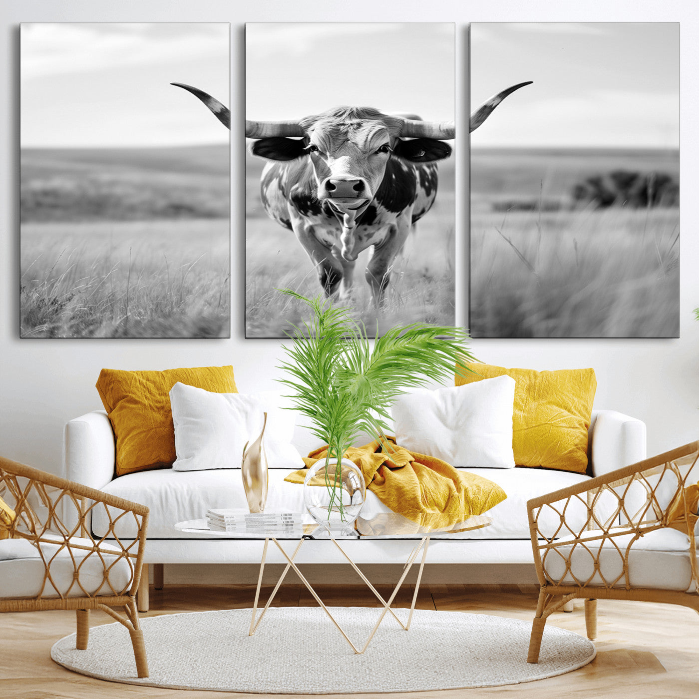 MGV-CV-60X30-3P - Texas Cow Longhorn Wall Art Canvas Print for Farm House Wall Decor, Farmhouse Wall Art Print