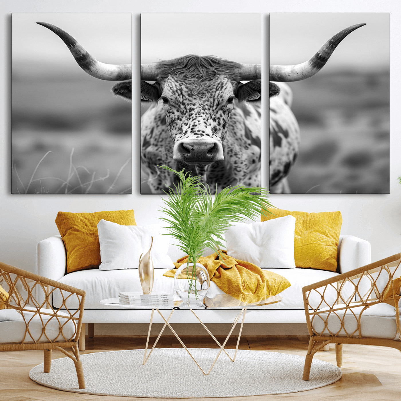 MGV-CV-60X30-3P - Texas Cow Longhorn Wall Art Canvas Print for Farm House Wall Decor, Farmhouse Wall Art Print