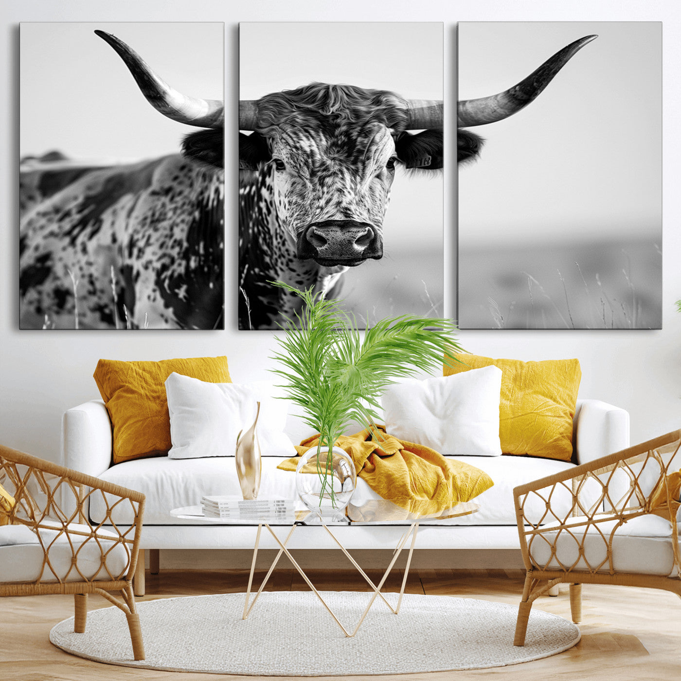 MGV-CV-60X30-3P - Texas Highland Cow Longhorn Canvas Print - Rustic Farmhouse Wall Art - Large Texas Longhorn