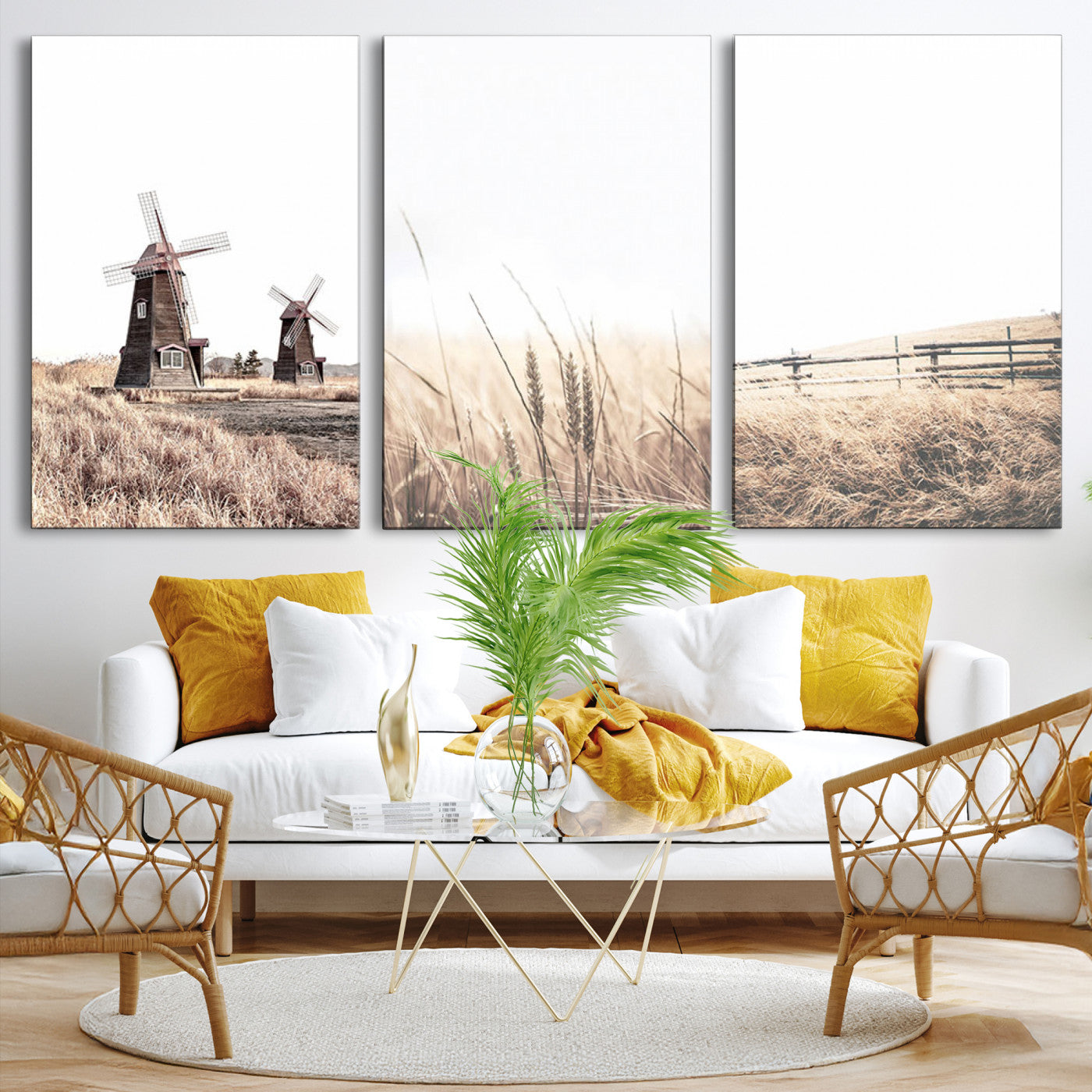 56649-MGV-CV-60X30-3P-Farm Prints Set, Farmhouse Wall Art Canvas, Country House Decor, Country House Decor, Barn Print, Wheat Print