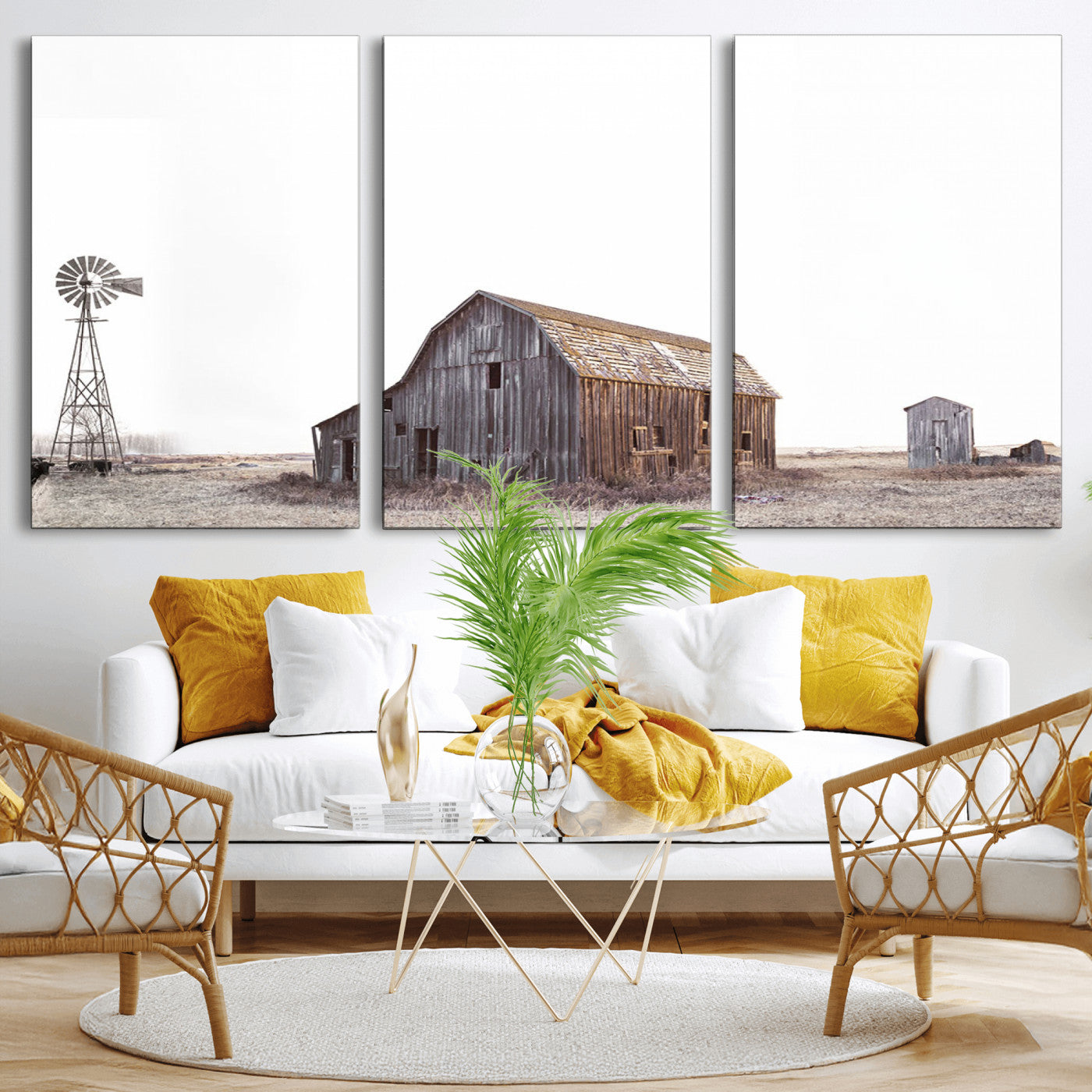 -Set of 3 Rustic Farmhouse Wall Art Prints – Country Barn, Wheat Field, and Farm Landscape for Cozy