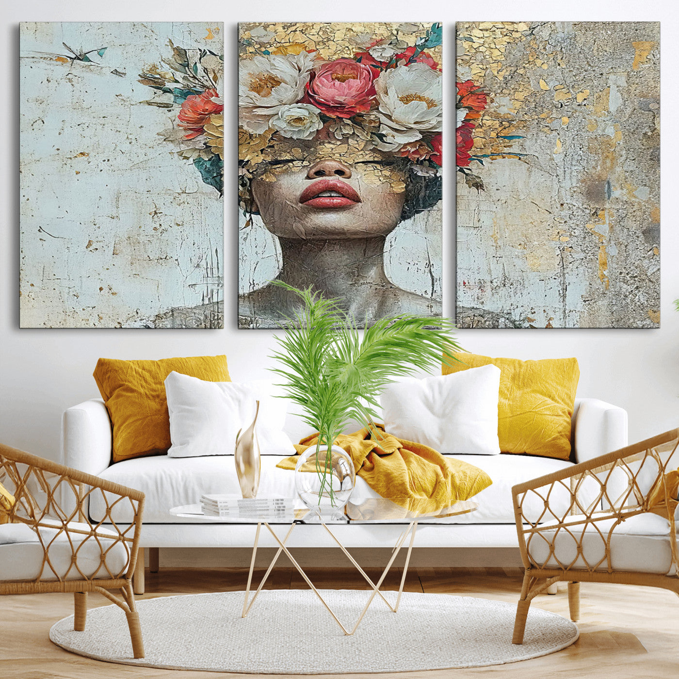 MGV-CV-60X30-3P - Golden Petal Wall Art Canvas Print - Silhouette Woman Wall Art Canvas Print, Floral Woman Portrait