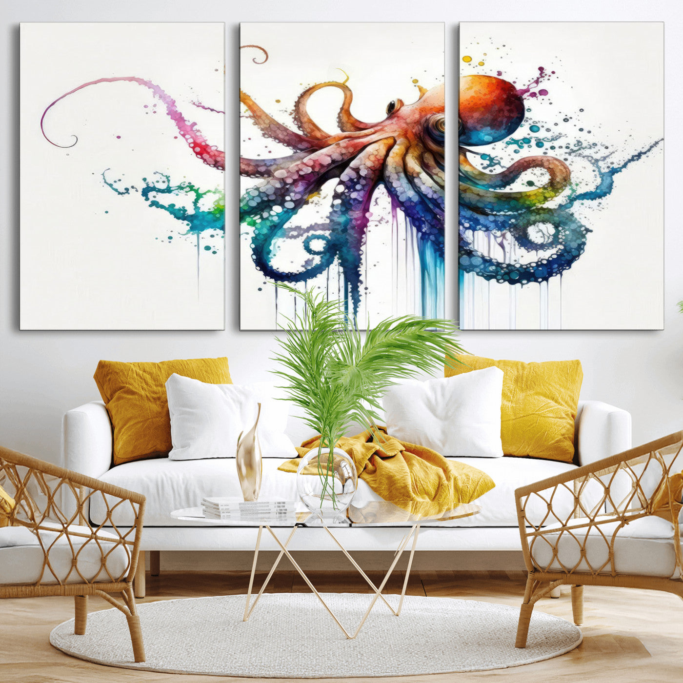 MGV-CV-60X30-3P - Watercolor Vibrant Octopus Wall Art Canvas Print | Abstract Sea Life Art | Colorful Marine Creature
