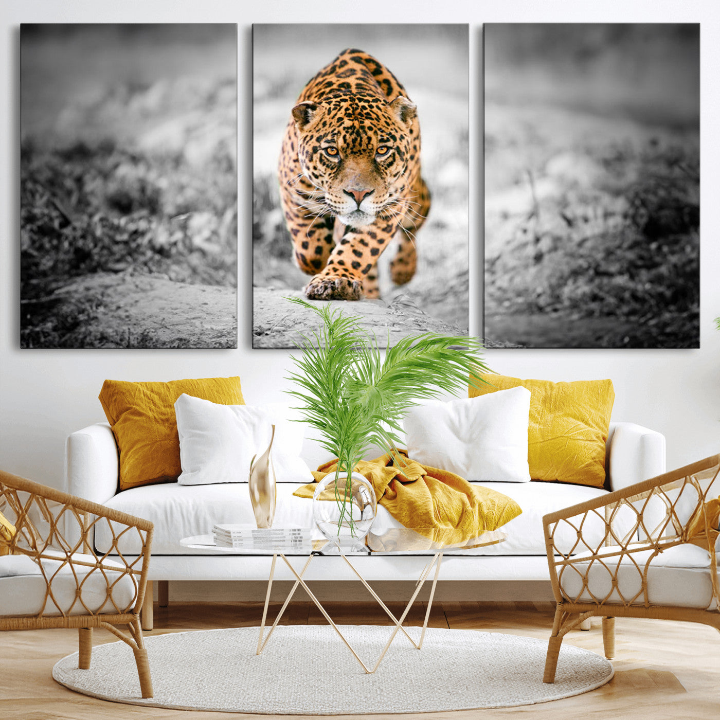 MGV-CV-60X30-3P - Jaguar Wall Art Canvas Print - Majestic Big Cat in Focused Pursuit - Ready to Hang