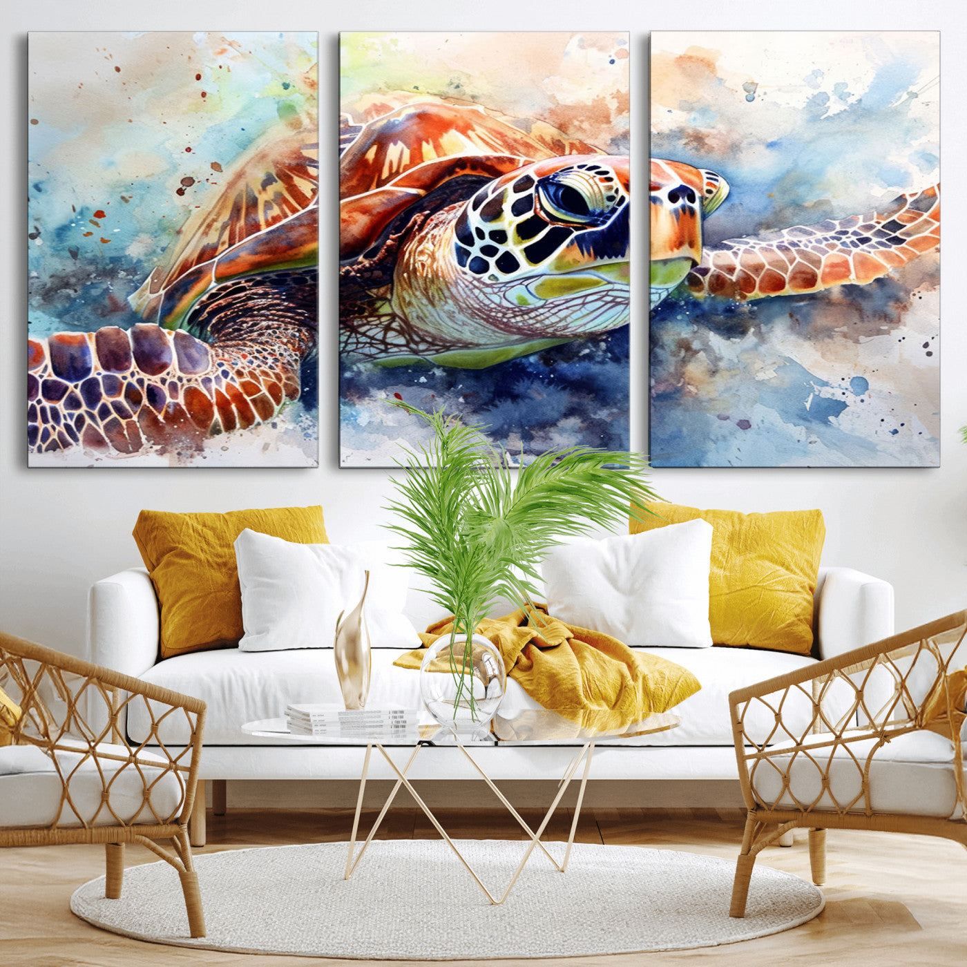 MGV-CV-60X30-3P - Watercolor Sea Turtle Wall Art Canvas Print - Vibrant Ocean Colors in Watercolor Style - Ready to