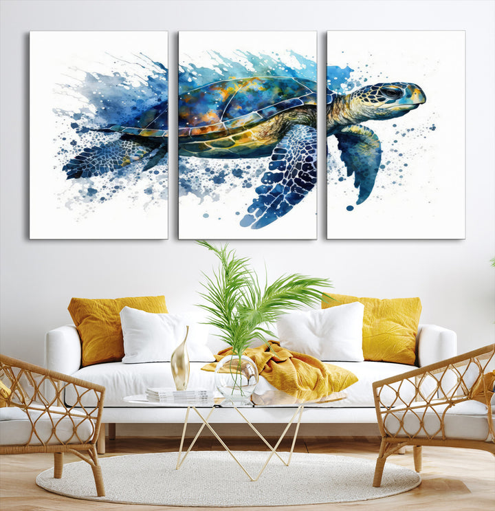 The Turtle Wall Art Print, featuring blue splashes, beautifully showcases Ocean Life.