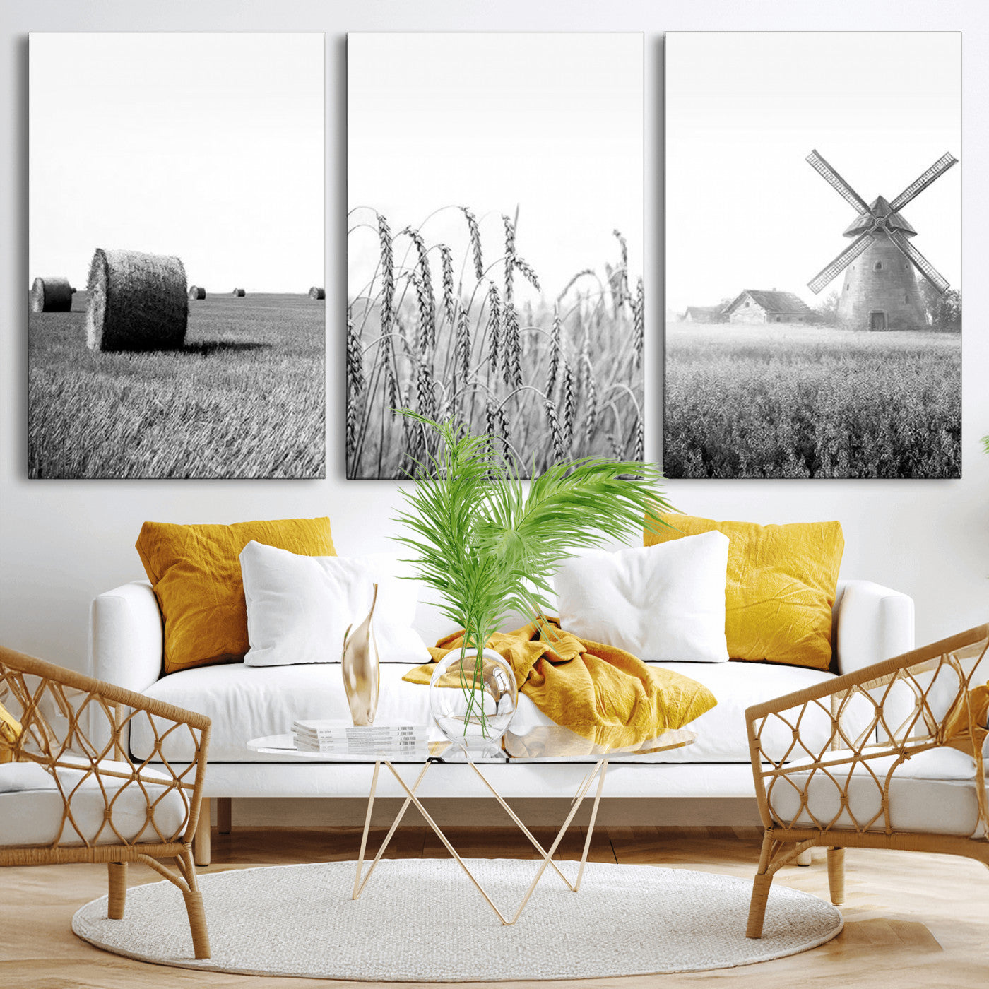 MGV-CV-60X30-3P - Vintage Farmhouse Black and White Triptych Wall Art – Giclee Canvas Featuring Wheat Fields, Hay