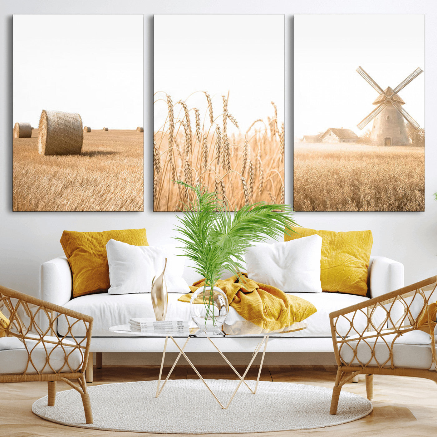 MGV-CV-60X30-3P - Vintage Farmhouse Triptych Wall Art – Giclée Canvas Featuring Wheat Fields, Hay Bales, and a