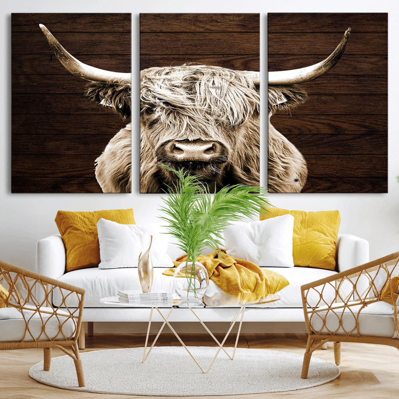 MGV-CV-60X30-3P - Highland Cow Wall Art Canvas Print, Rustic Farmhouse Decor, Majestic Scottish Highland Bull Portrait