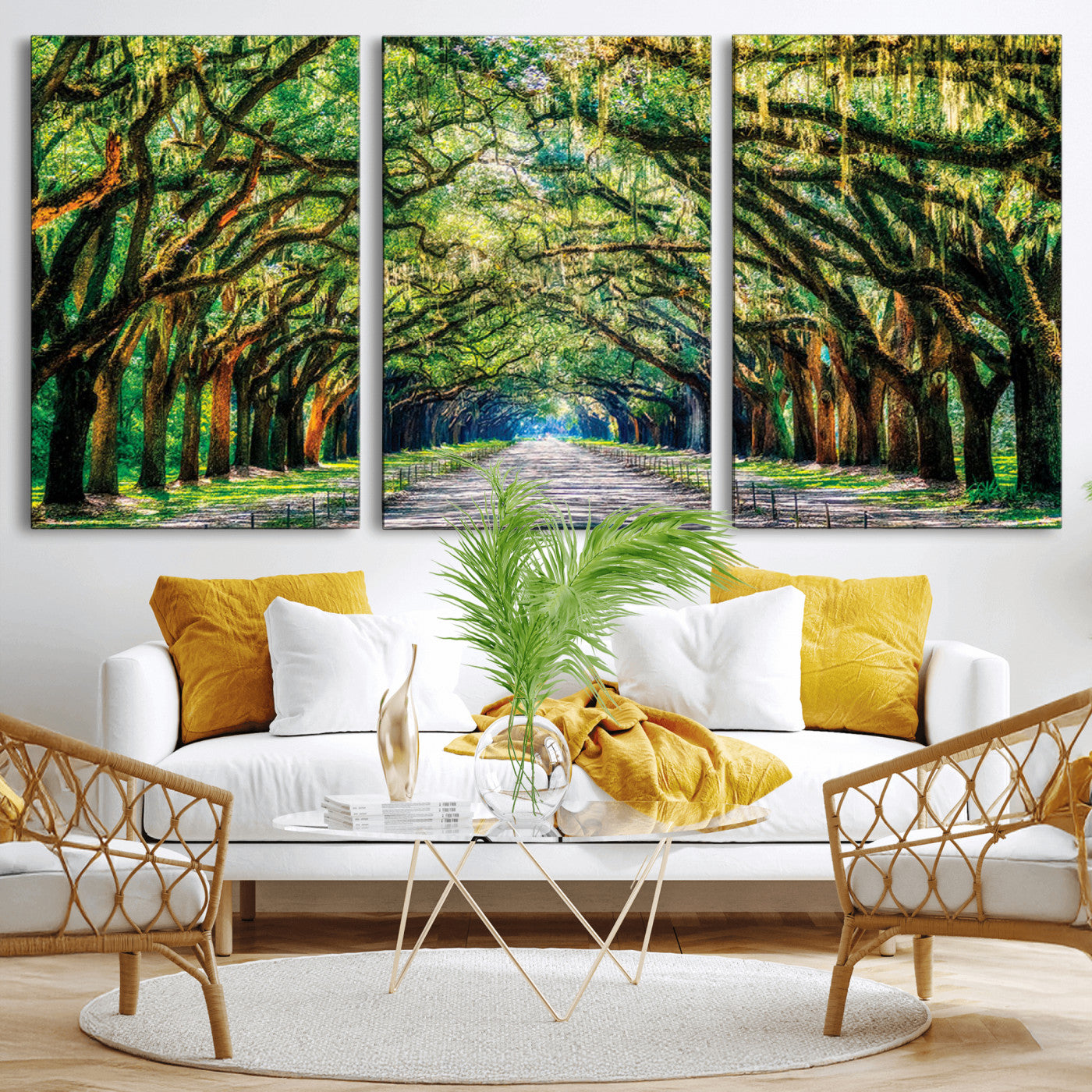 MGV-CV-60X30-3P - Serene Tree Tunnel Wall Art Canvas Print – Pathway Under Canopy of Lush Green Trees, Nature-Inspired