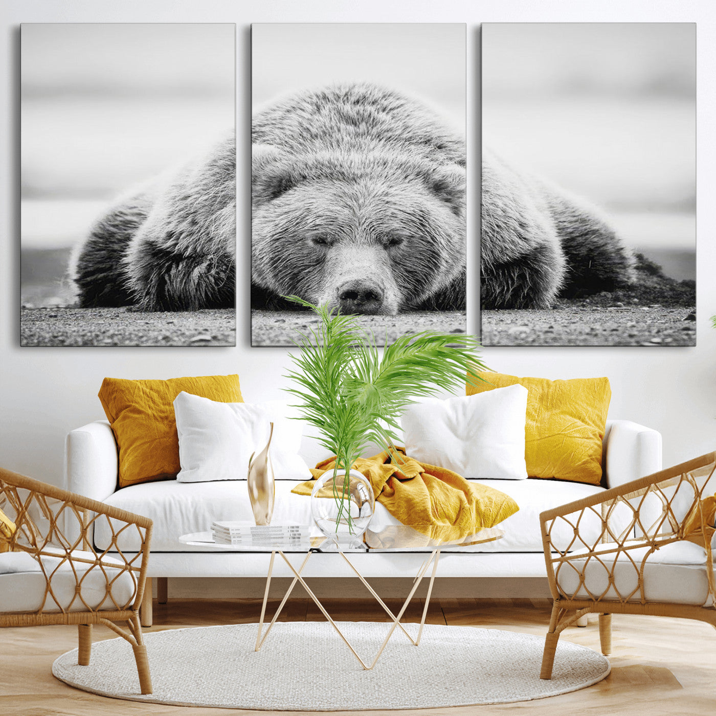 MGV-CV-60X30-3P - Resting Grizzly Bear Wall Art Canvas Print – Majestic Lazy Black and White Wildlife Bear Art,