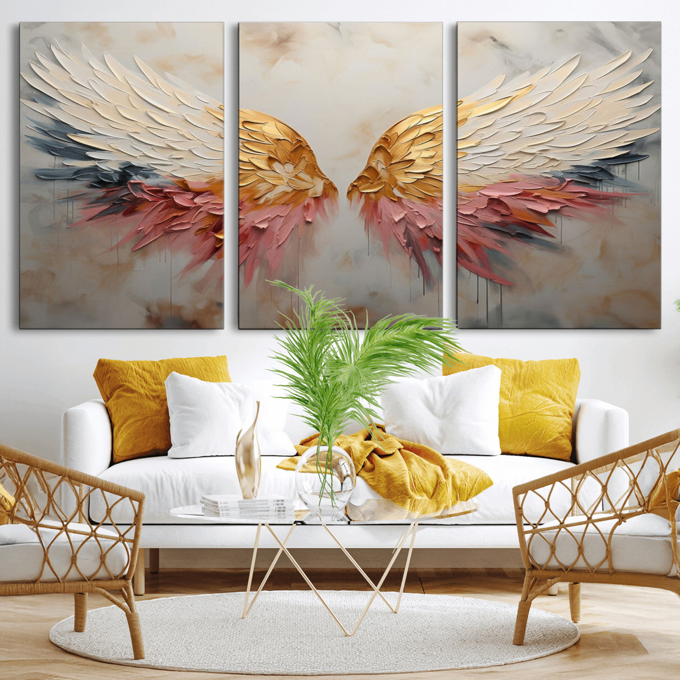 MGV-CV-60X30-3P - Golden Angel Wings Wall Art Canvas Print – Stunning Abstract Winged Art for Elegant Home Decor –
