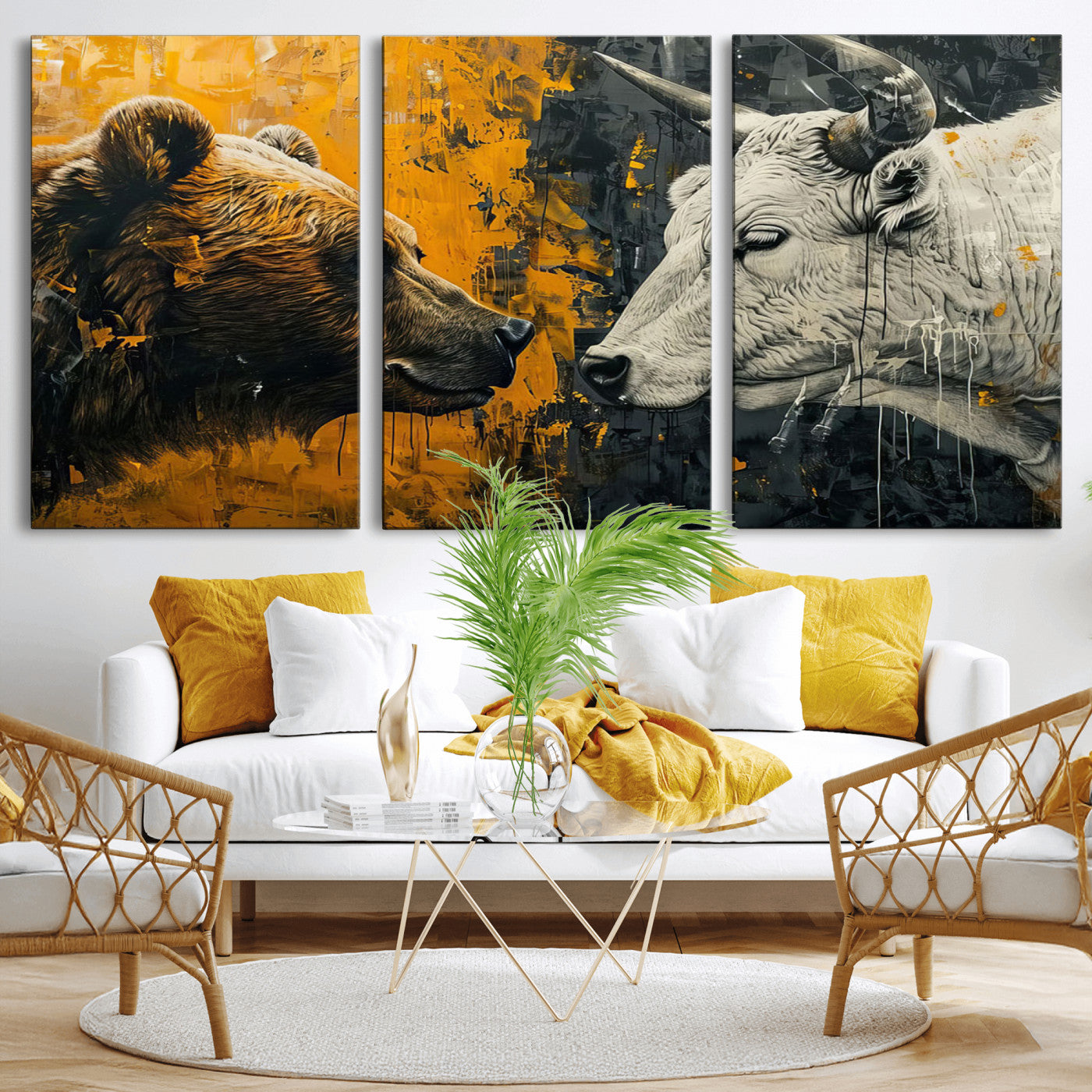 MGV-CV-60X30-3P - Bear and Bull Wall Art Canvas Print – Abstract Animal Portrait Painting for Modern Home Decor –