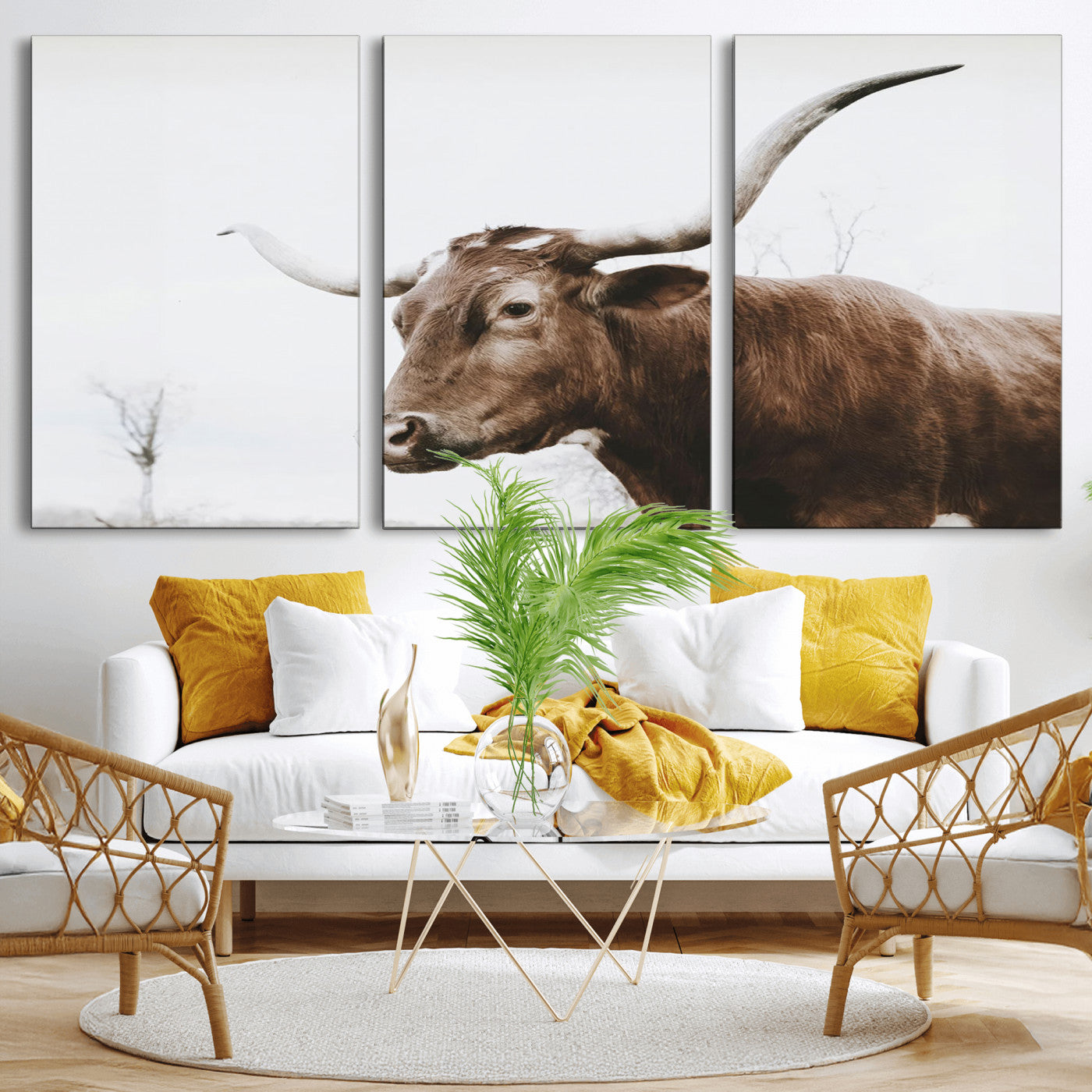 MGV-CV-60X30-3P - Rustic Bull Wall Art Canvas Print – Modern Longhorn Farmhouse Animal Decor – Abstract Farm Cow