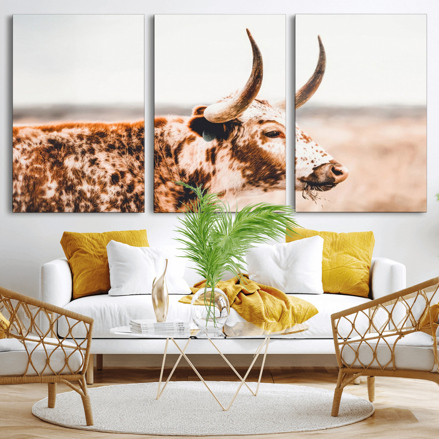 -Speckled Bull Wall Art Canvas Print – Rustic Cow Longhorn Farmhouse Animal Decor – Western Longhorn