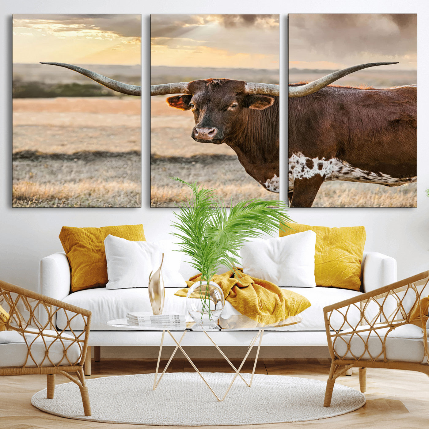 MGV-CV-60X30-3P - Texas Longhorn Wall Art Canvas Print, Rustic Ranch Decor, Majestic Western Longhorn Cattle
