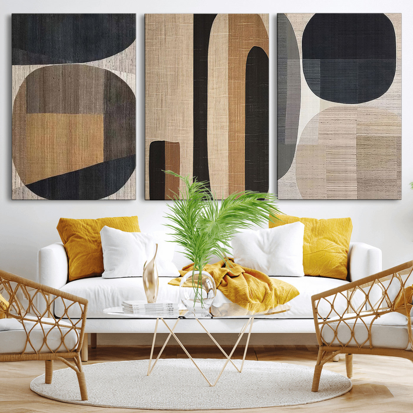 MGV-CV-60X30-3P - Abstract Minimalist Canvas Wall Art - Neutral Geometric Modern Boho Decor, Minimalist Brown Wabi