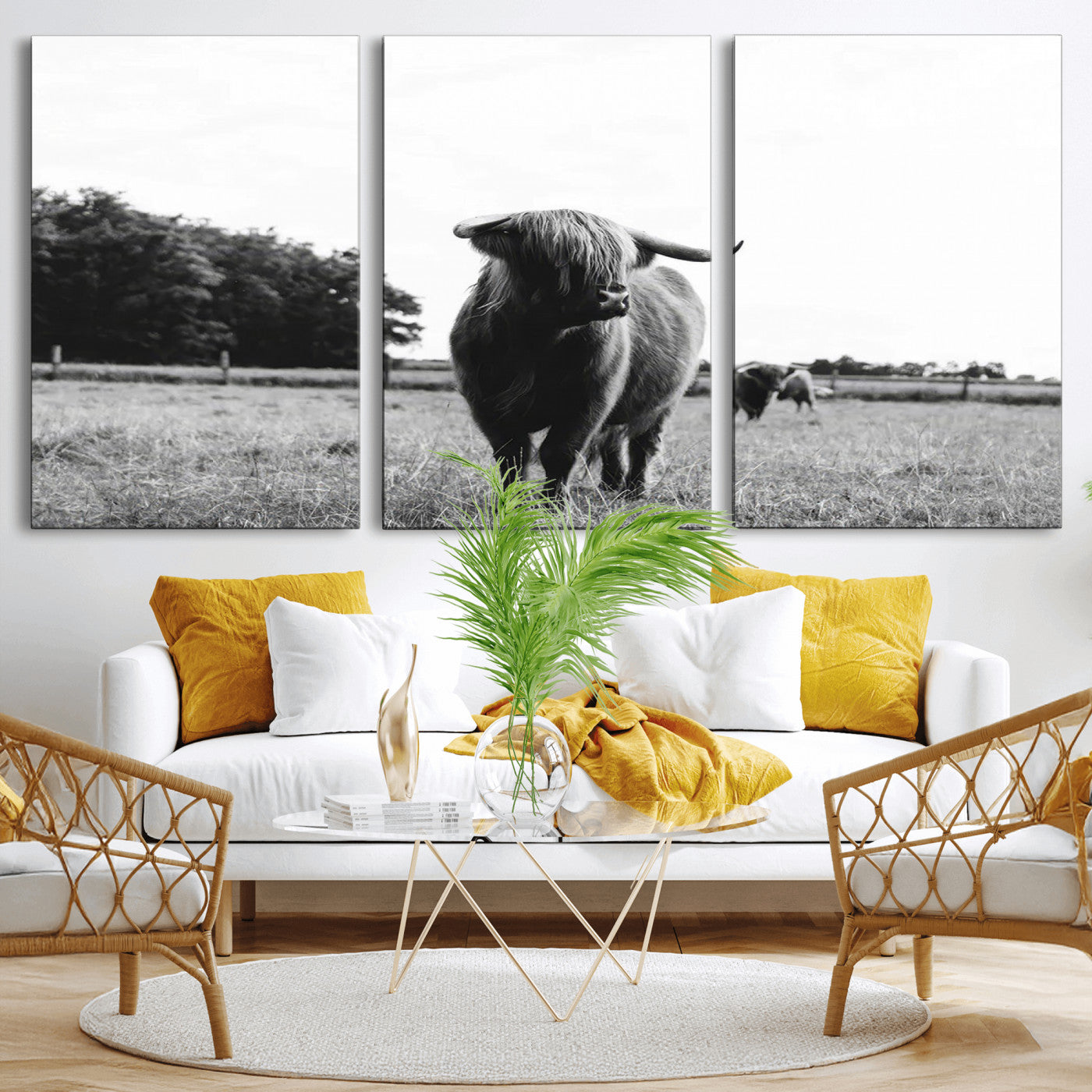 MGV-CV-60X30-3P - Black and White Highland Cow Wall Art Canvas Print | Rustic Western Decor for Living Room or Office,