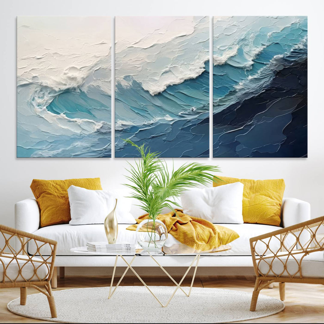 The Blue Abstract Wave Ocean Wall Art Canvas Print hangs prominently.