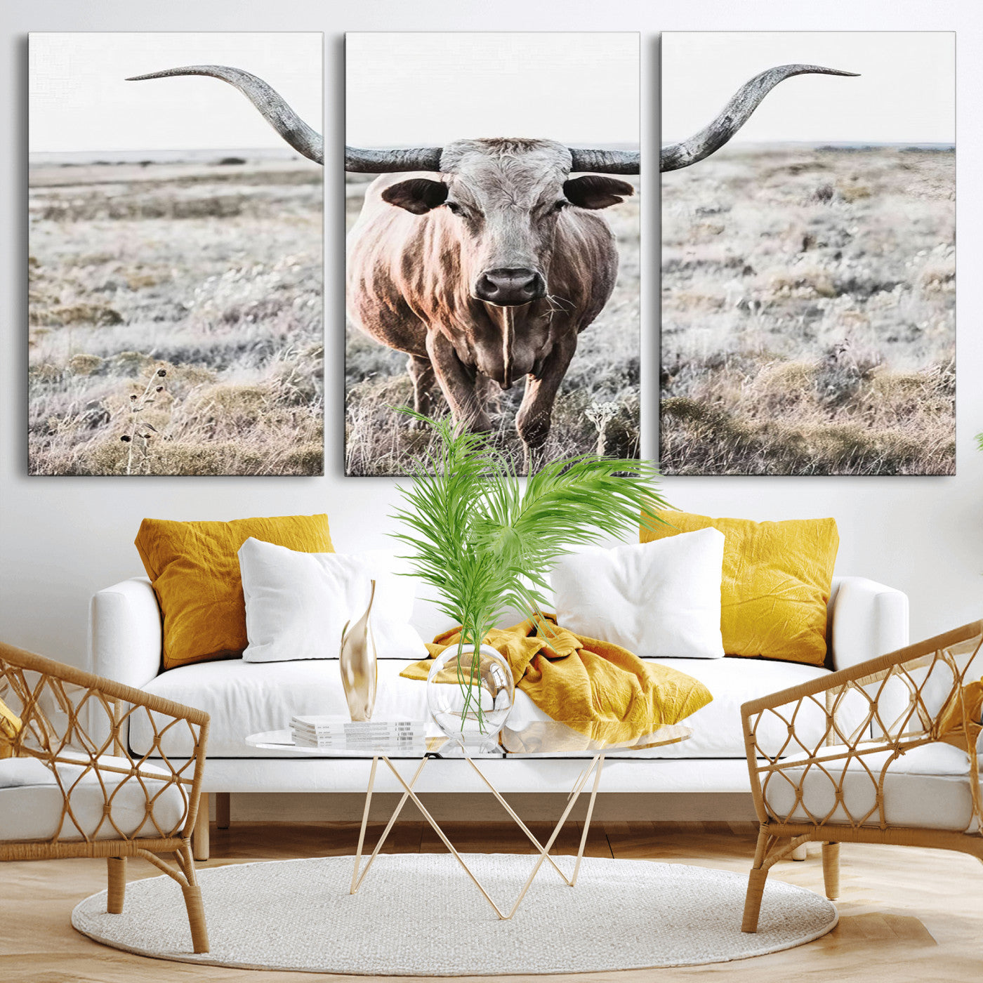 -Rustic Texas Longhorn Wall Art Canvas Print | Western Farmhouse Decor for Living Room or Office,