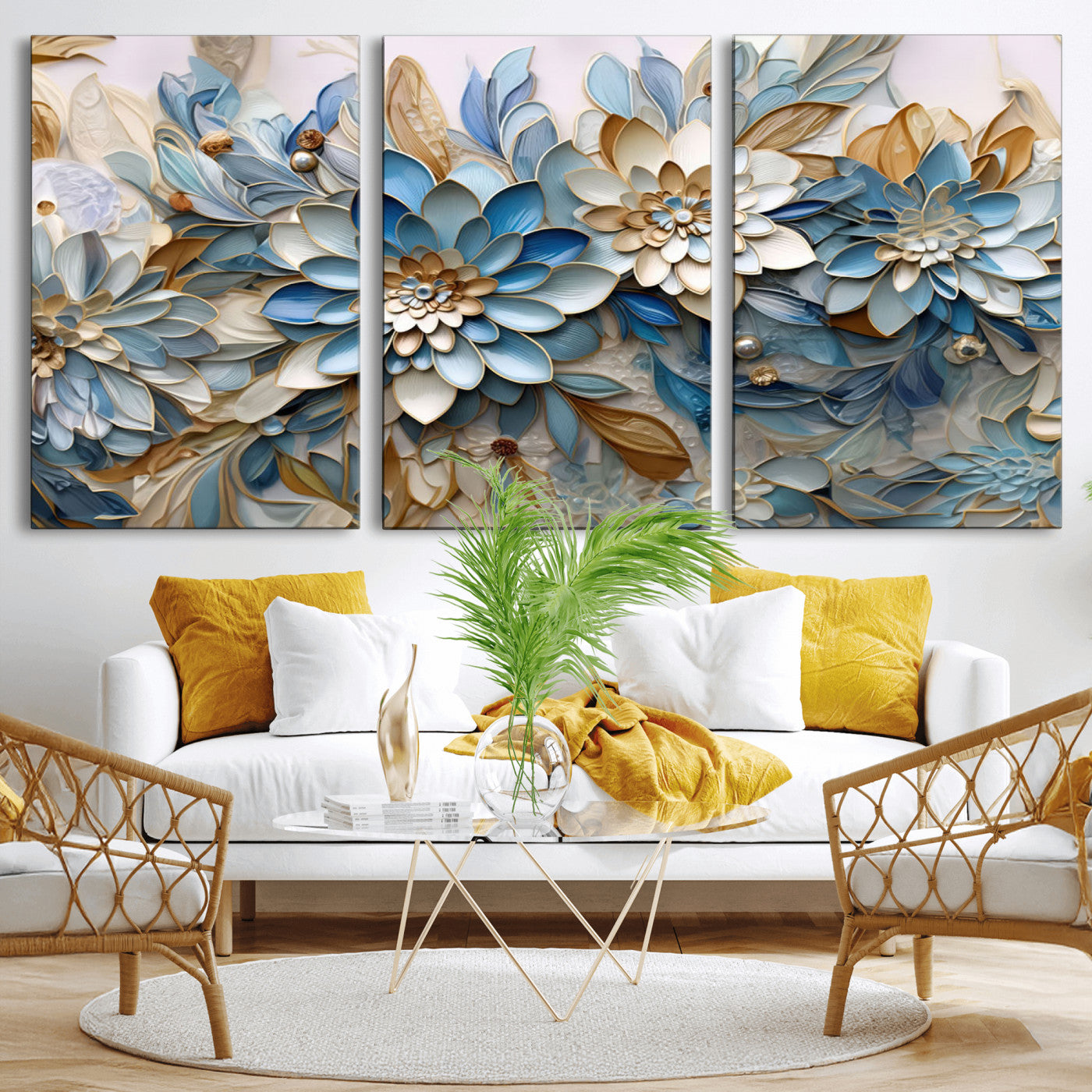 MGV-CV-60X30-3P - Blu Abstract Flower Wall Art Canvas Print