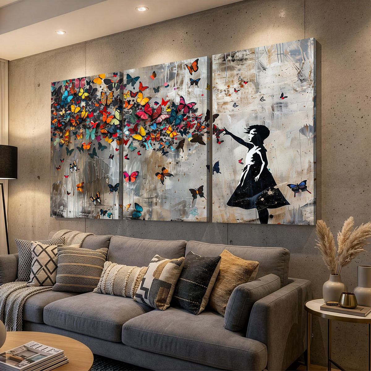 40269-MGV-CV-24X16 - Banksy Wall Art, Banksy Girl and Butterfly Explosion Canvas Print | Extra Large 3 Piece Best Seller Wall Art