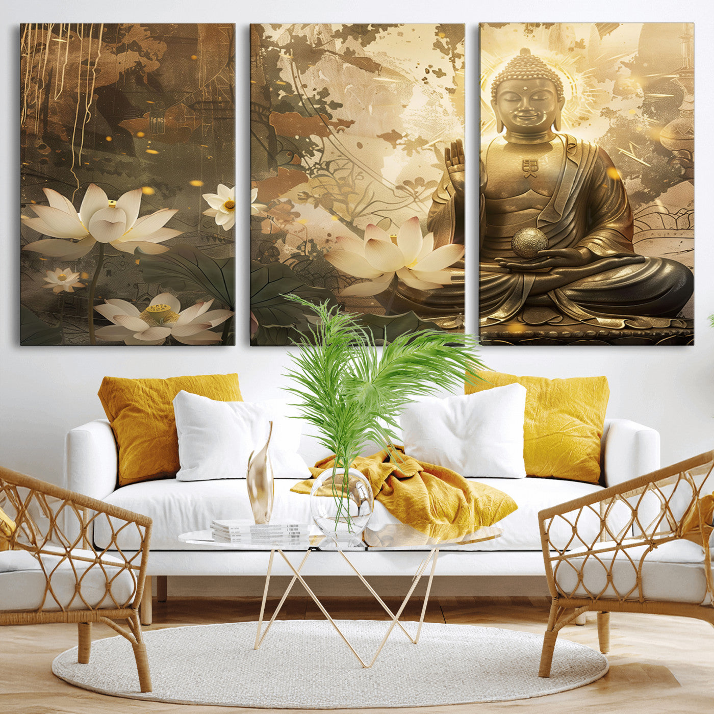 MGV-CV-60X30-3P - Zen Buddha Wall Art Canvas Print | Peaceful Meditation Decor with Lotus Flowers | Spiritual Serenity