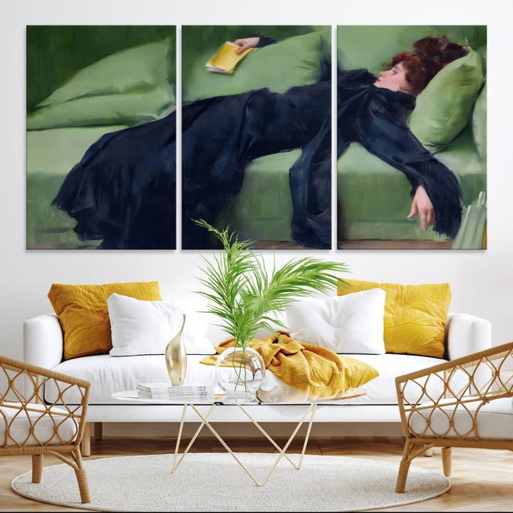 A modern kitchen features a Decadent Girl by Ramon Casas canvas print on the wall.