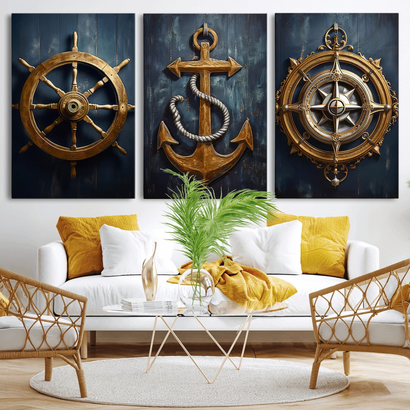 MGV-CV-60X30-3P - Boat Anchor Compass With Rope Wall Art Canvas Print | Beach House Wall Art