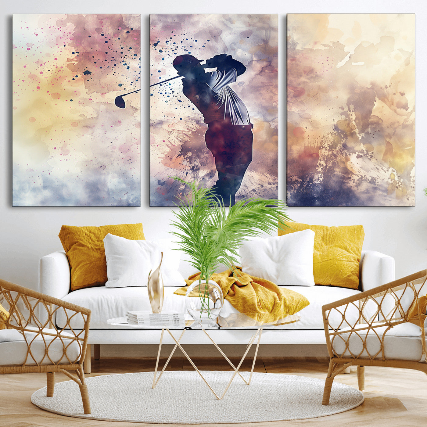 MGV-CV-60X30-3P - Abstract Watercolor Golf Player Wall Art Canvas Print