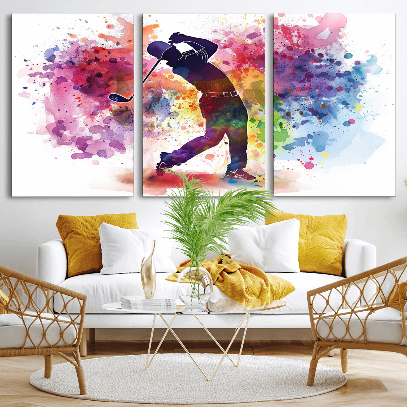 MGV-CV-60X30-3P - Colorful Golfer Swing Wall Art Canvas Print - Ready to Hang, Framed Sports Decor