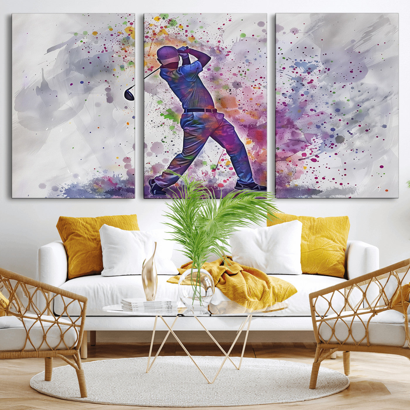 MGV-CV-60X30-3P - Watercolor Golf Swing Wall Art Canvas Print | Vibrant Abstract Golf Player Silhouette |