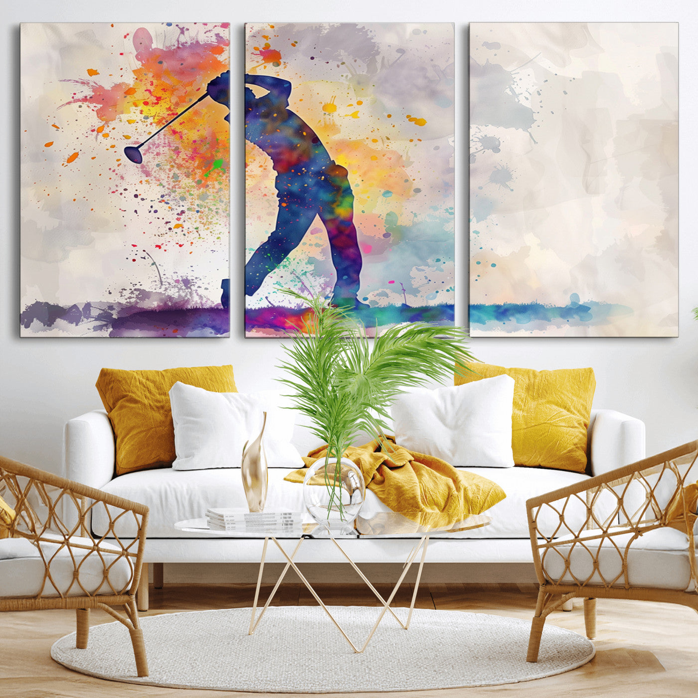 MGV-CV-60X30-3P - Watercolor Golf Swing Wall Art Canvas Print | Vibrant Abstract Golf Player Silhouette |