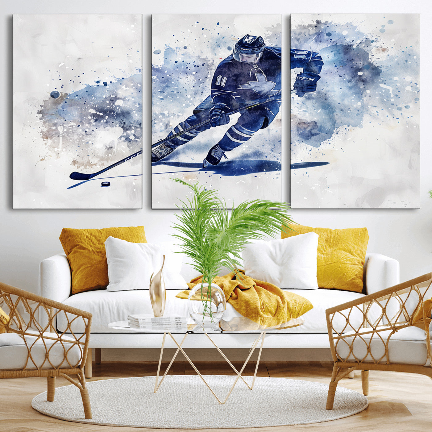 MGV-CV-60X30-3P - Hockey Player Wall Art Canvas Print - Sports-Inspired Watercolor Decor - Ready to Hang
