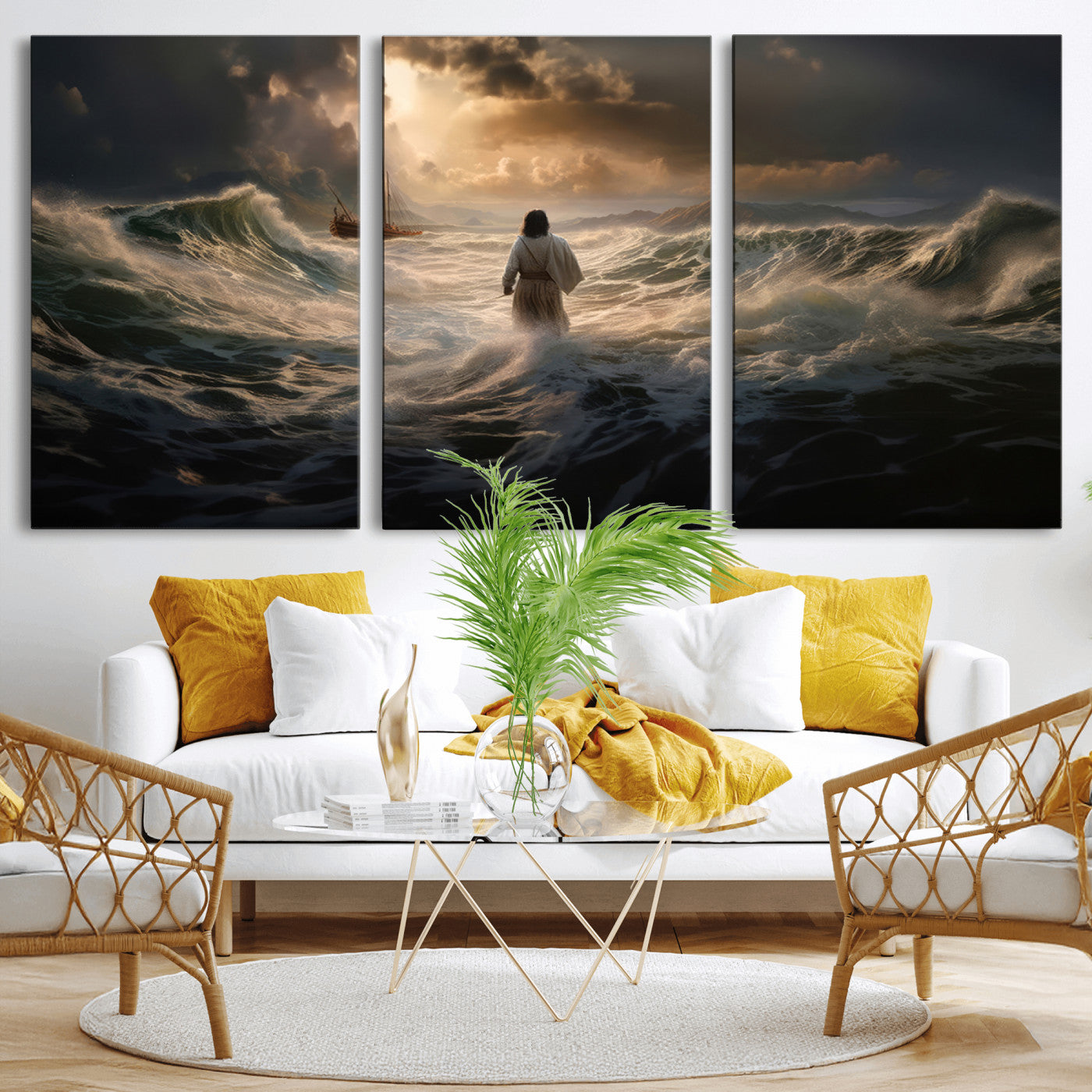 MGV-CV-60X30-3P - Jesus Walking on Water Wall Art Canvas Print - Religious Spiritual Decor - Jesus Wall Art Canvas