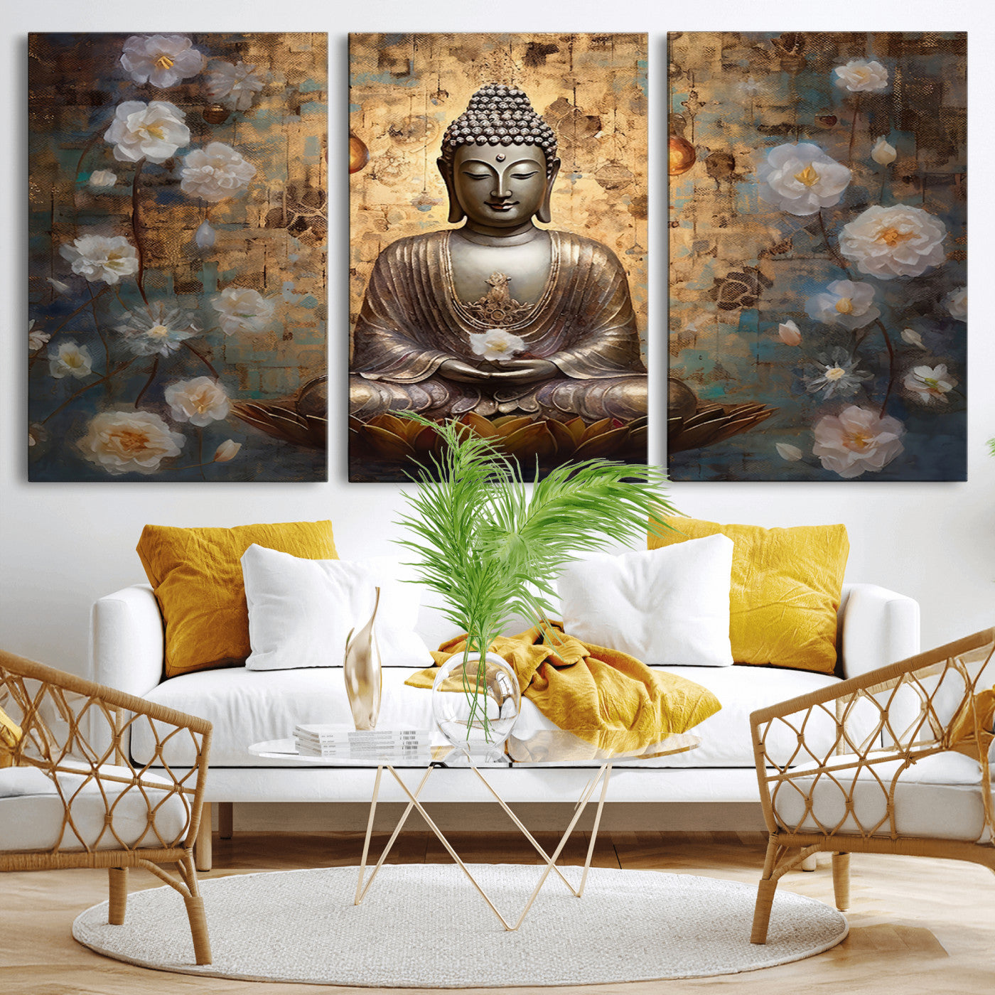 MGV-CV-60X30-3P - Golden Buddha Wall Art Canvas Print | Zen Meditation Floral Decor | Tranquil Spiritual Home Art |